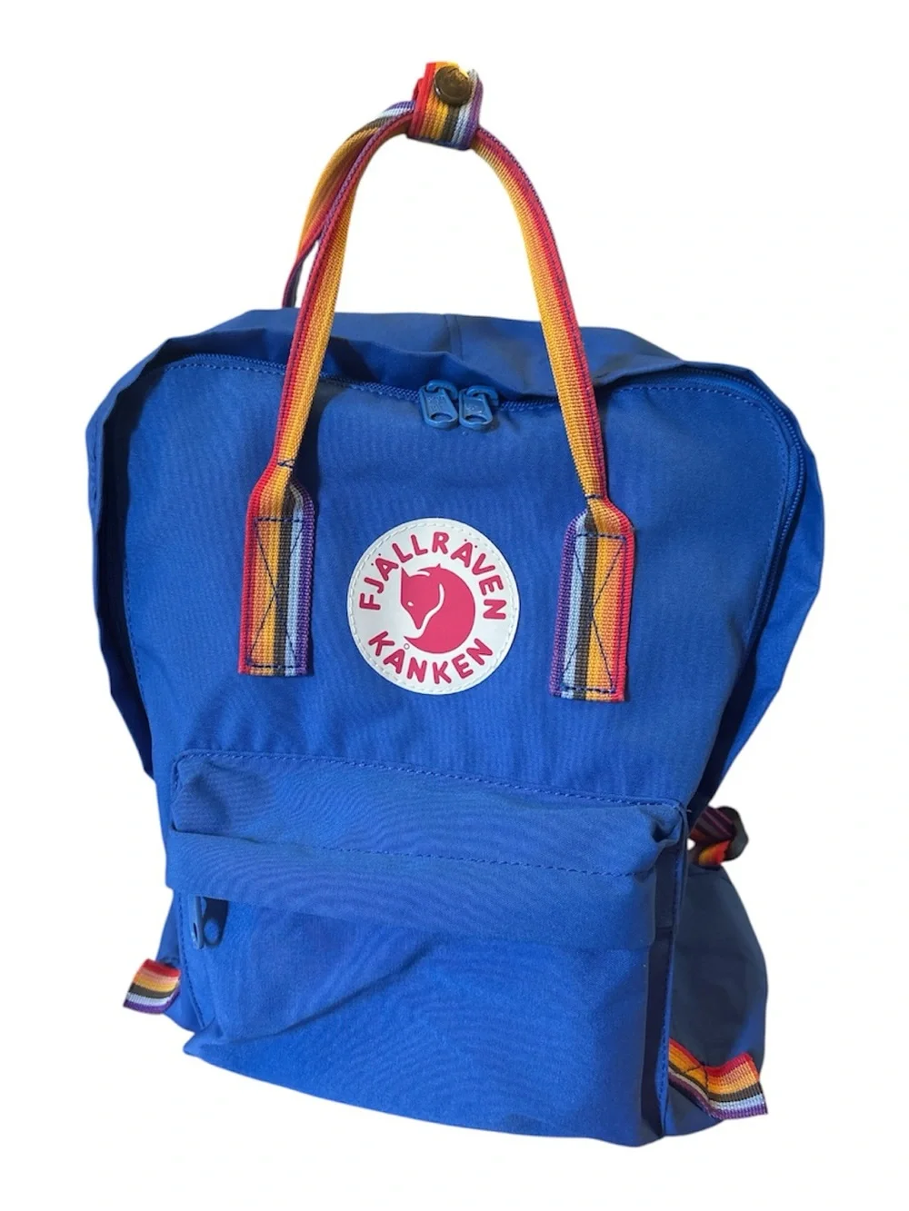 Fjallraven Kanken Mini Royal Blue Backpack with Rainbow Straps